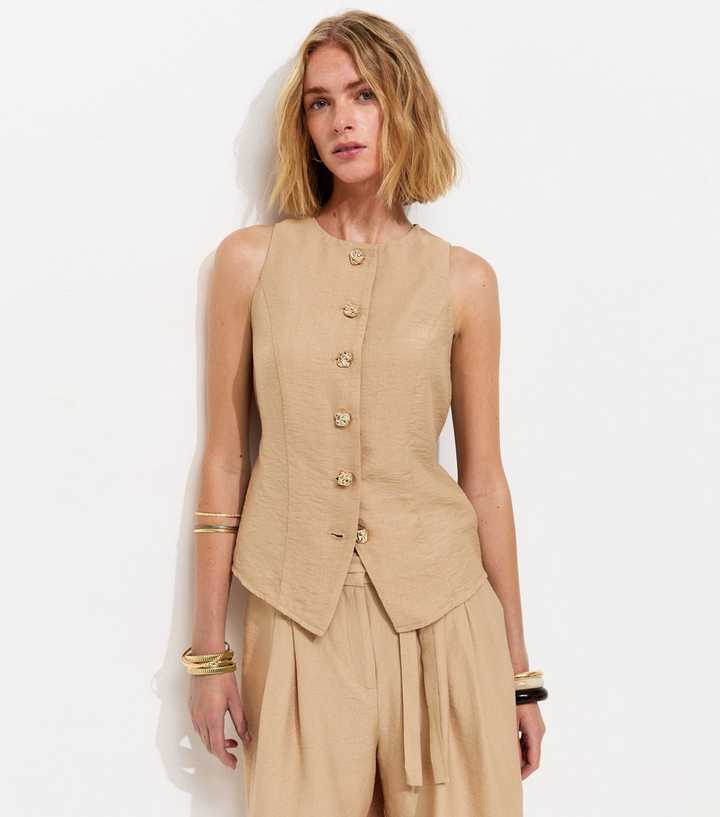 Camel Gold Tone Textured Buttons Waistcoat
