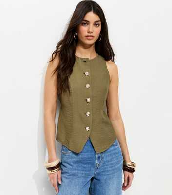 Khaki Gold Tone Textured Buttons Waistcoat