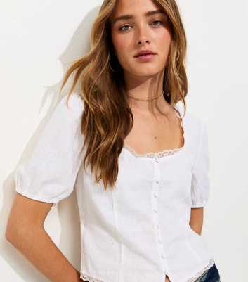 White Linen Rich Lace Scoop Neck Short Sleeve Blouse