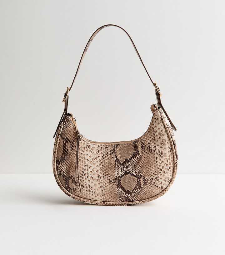 Brown Snake Print Curved Shoulder Bag