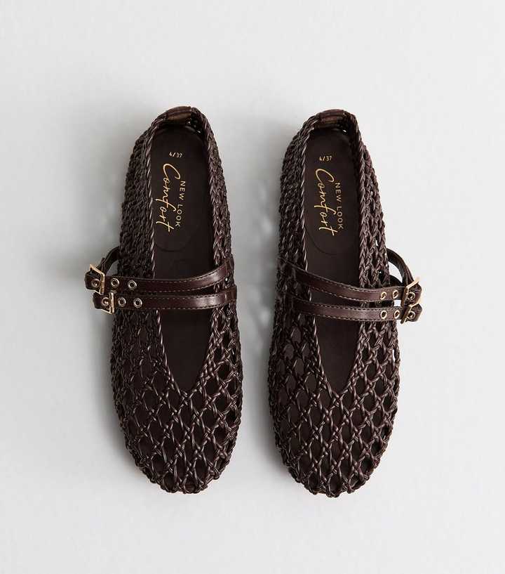 Brown Woven Faux Leather Mary Jane Flats