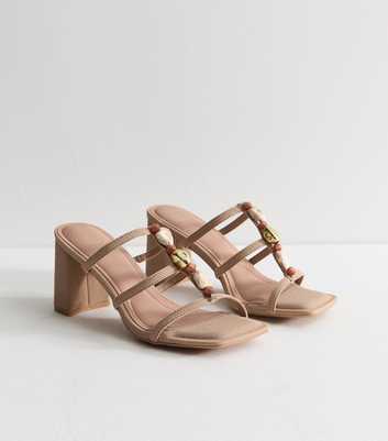 Camel Faux Leather Beaded Block Heel Mules