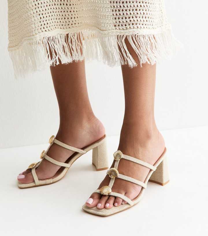 Off White Raffia-Look Seashell Charm Mules
