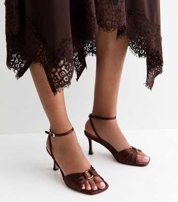 Dark Brown Ring Detail Satin Stiletto Sandals