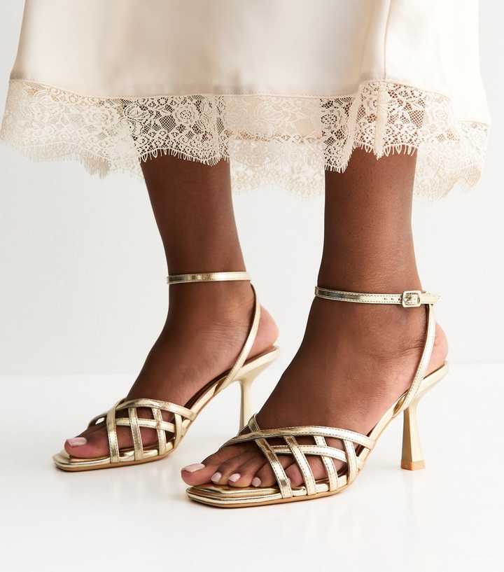 Gold Faux Leather Cage Stiletto Sandals