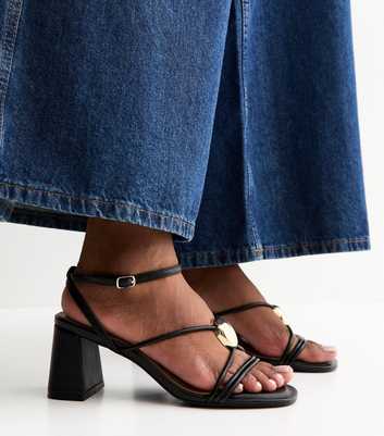 Black Strappy Metallic Detail Block Heel Sandals