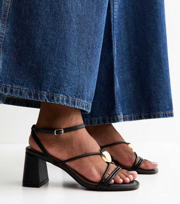 Black Strappy Metallic Detail Block Heel Sandals