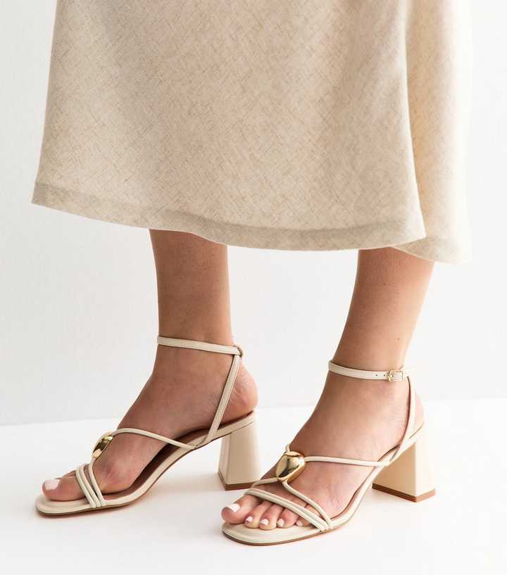 White Strappy Metallic Detail Block Heel Sandals