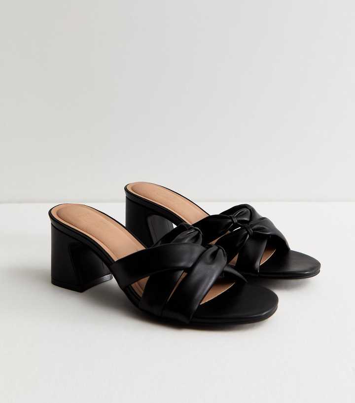 Wide Fit Black Faux Leather Knotted Strap Mule Sandals