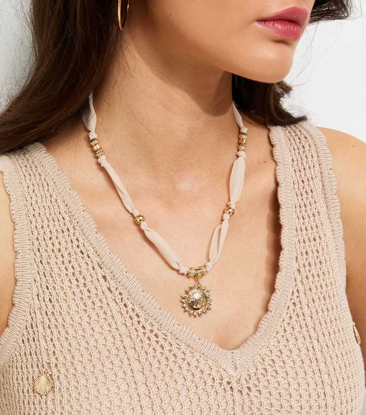 Cream Fabric Sun Pendant Necklace