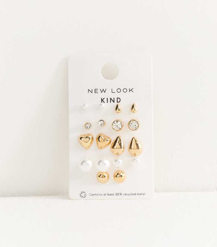 Pack of 6 Gold Tone Mixed Faux Pearl Stud Earrings