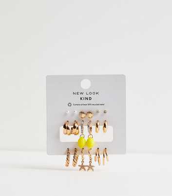 Pack of 9 Gold Tone Stud and Hoop Earrings