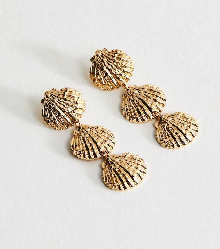 Gold Tone Beaten Shell Drop Earrings