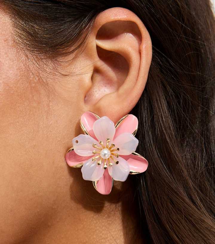 Light Pink Enamel Flower Stud Earrings
