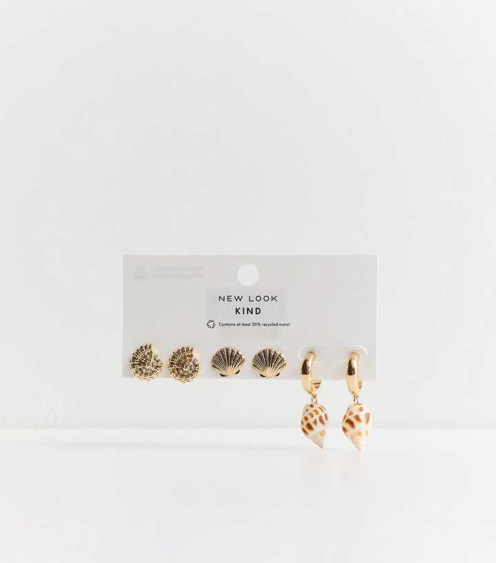 Pack of 3 Gold Tone Shell Stud and Hoop Earrings