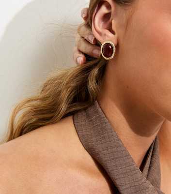 Gold Tone Dark Brown Oval Stud Earrings