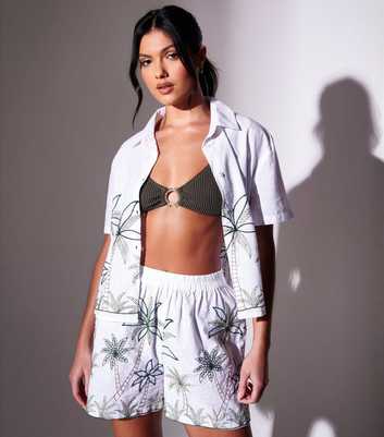 South Beach White Cotton Embroidered Palm Tree Short Sleeve Shirt