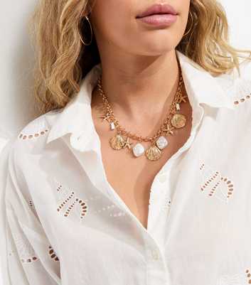 Gold Tone Faux Pearl Shell Charm Necklace