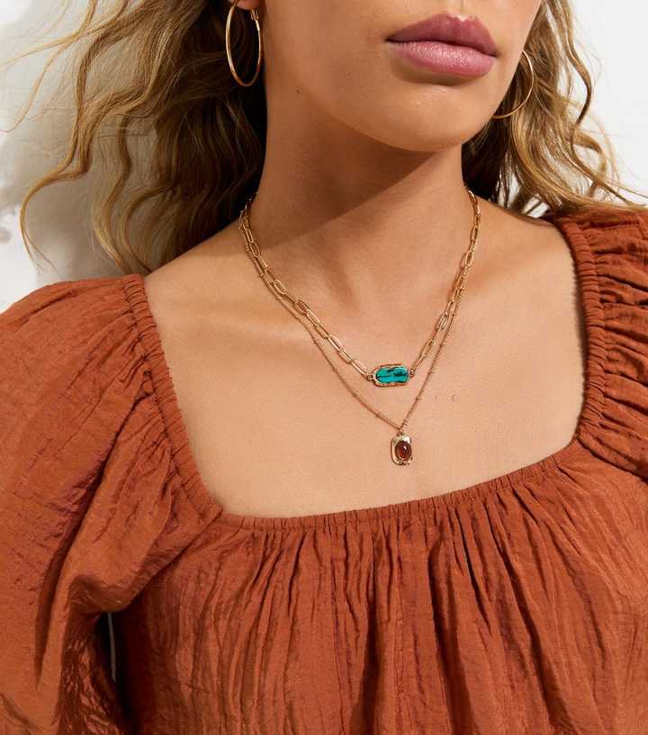 2 Layer Gold Tone Resin Pendant Necklaces