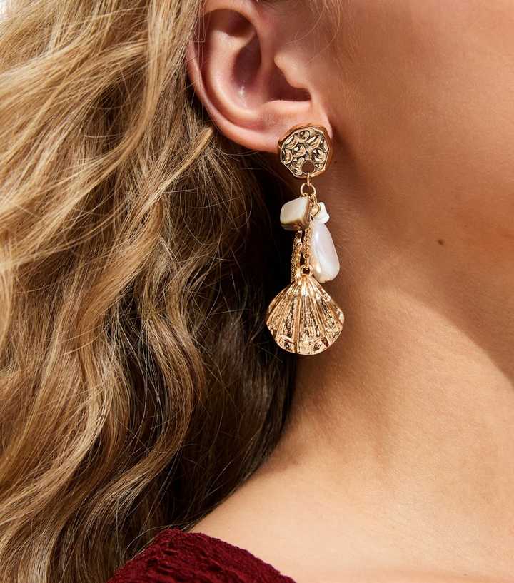 Gold Tone Shell Charm Drop Earrings