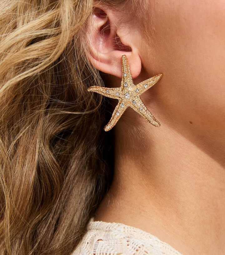 Gold Tone Large Textured Starfish Stud Earrings