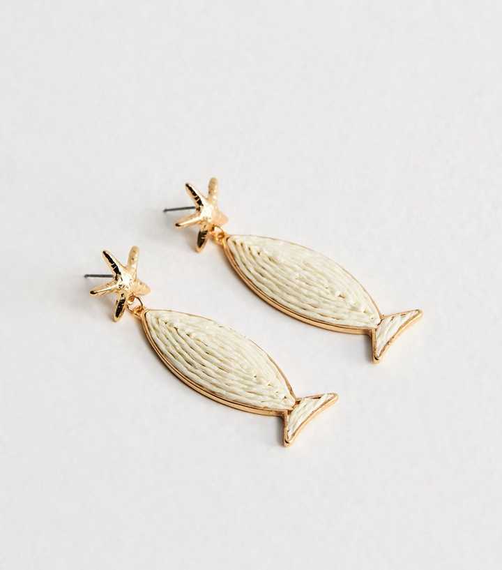 Gold Tone Starfish Thread Fish Drop Earrings