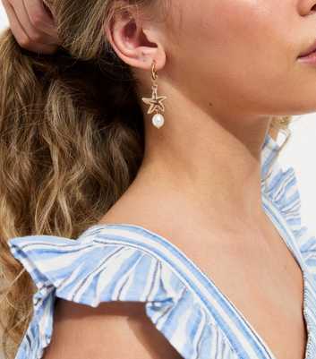 Gold Tone Starfish Faux Pearl Drop Mini Hoop Earrings