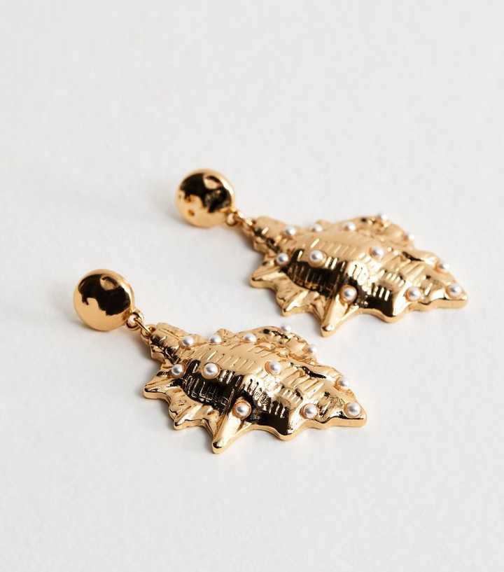 Gold Tone Shiny Shell Faux Pearl Drop Earrings
