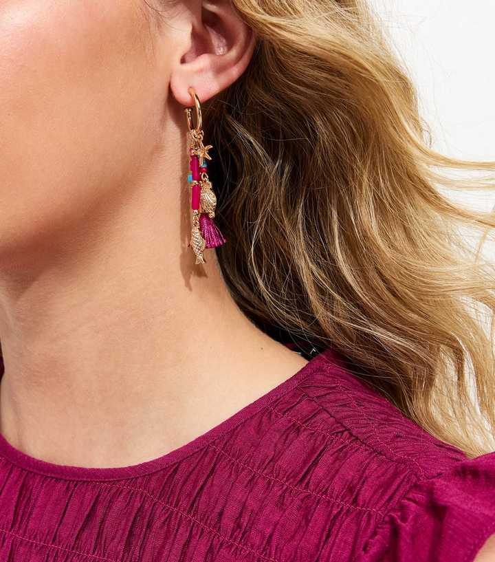 Bright Pink Beaded Tassle Hoop Earrings