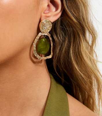 Gold Tone Textured Stone Centre Drop Earrings