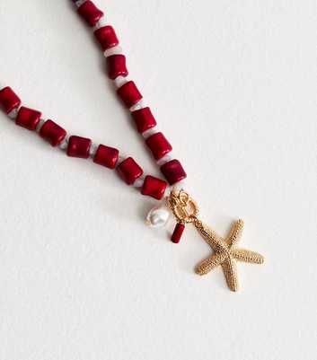 Bright Red Beaded Starfish Pendant Necklace