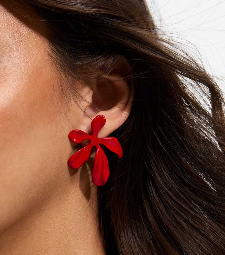 Bright Red Enamel Flower Stud Earrings