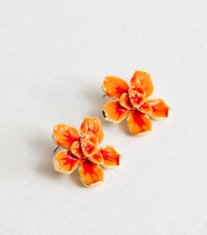 Orange Gold Tone Enamel Large Flower Earrings
