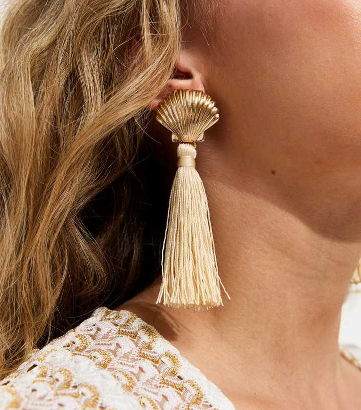 Gold Shell Thread Tassle Drop Earrings