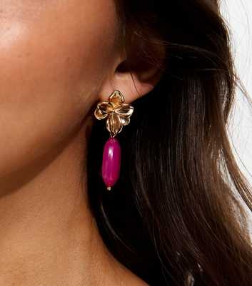 Bright Pink Flower Bead Drop Earrings