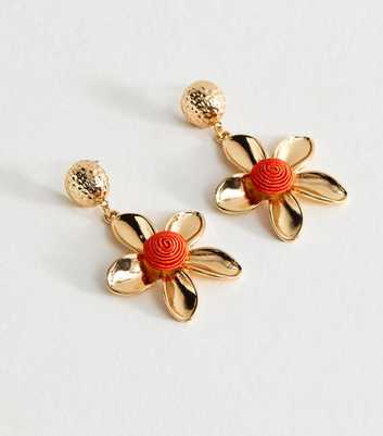 Gold Tone Orange Flower Drop Earrings