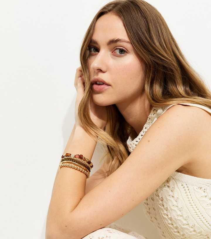 Pack of 5 Gold Tone Beaded Resin Bracelets