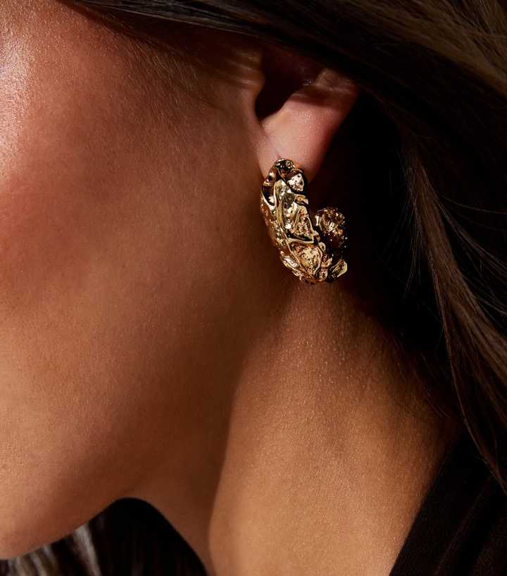 Gold Tone Beaten Open Hoop Earrings
