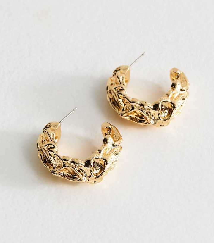 Gold Tone Beaten Open Hoop Earrings