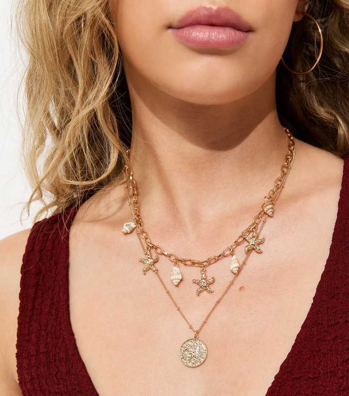 2 Layer Gold Tone Starfish Charm Necklace