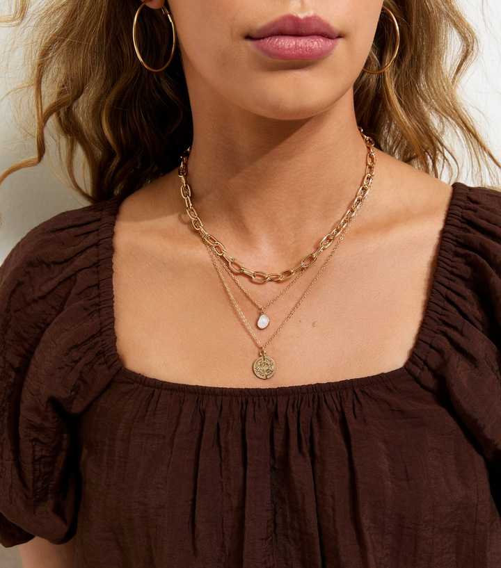 3 Layer Gold Tone Coin Pendant Chain Necklace