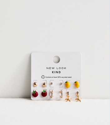 Pack of 6 Gold Tone Fruit Stud and Hoop Earrings