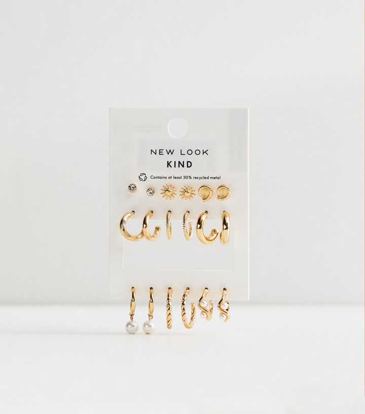 Gold Tone Pack of 9 Mixed Stud and Hoop Earrings
