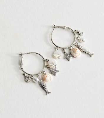 Silver Tone Coastal Charm Hoop Earrings