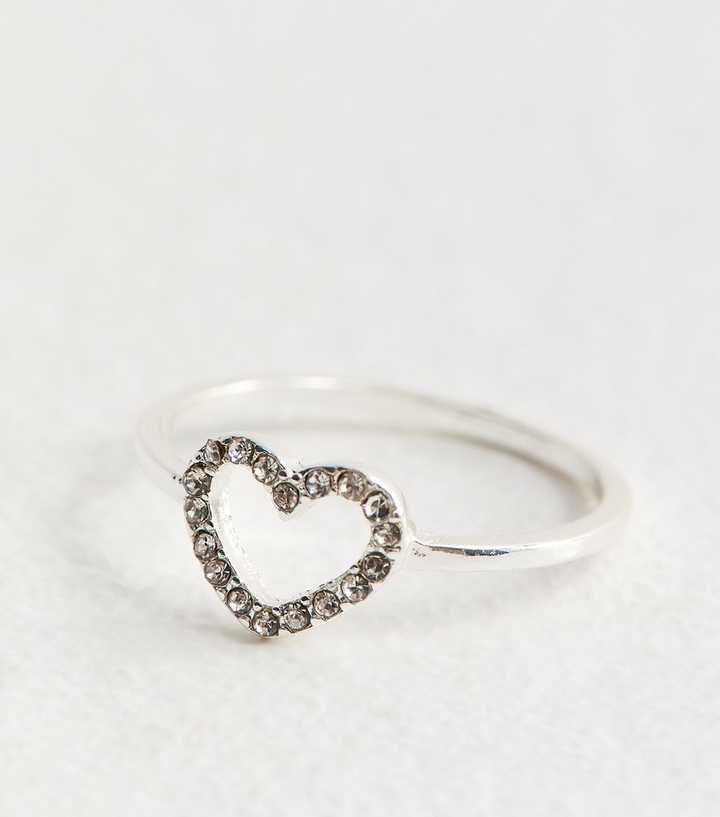Silver Tone Diamante Heart Ring