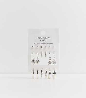Pack of 9 Silver Tone Stud and Hoop Earrings