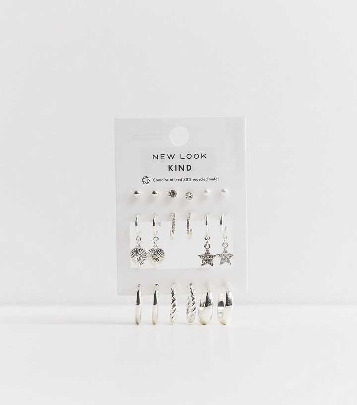 Pack of 9 Silver Tone Stud and Hoop Earrings