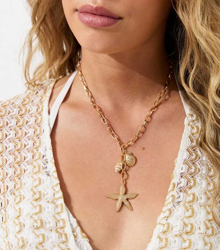 Gold Tone Long Chain Starfish Necklace