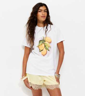 White Cotton Lemon Print Relaxed Fit T-Shirt