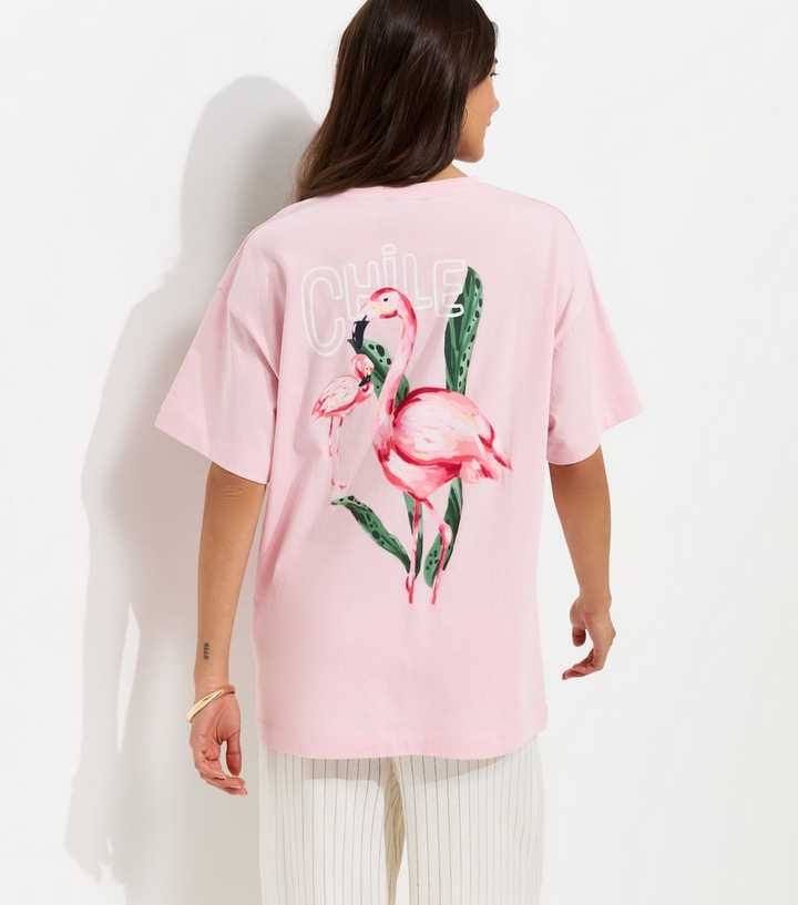 Light Pink Cotton Flamingo Print Oversized T-Shirt